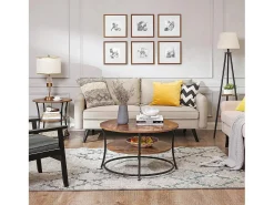 Mesa auxiliar redonda Valora estilo loft marrón rústico con estante