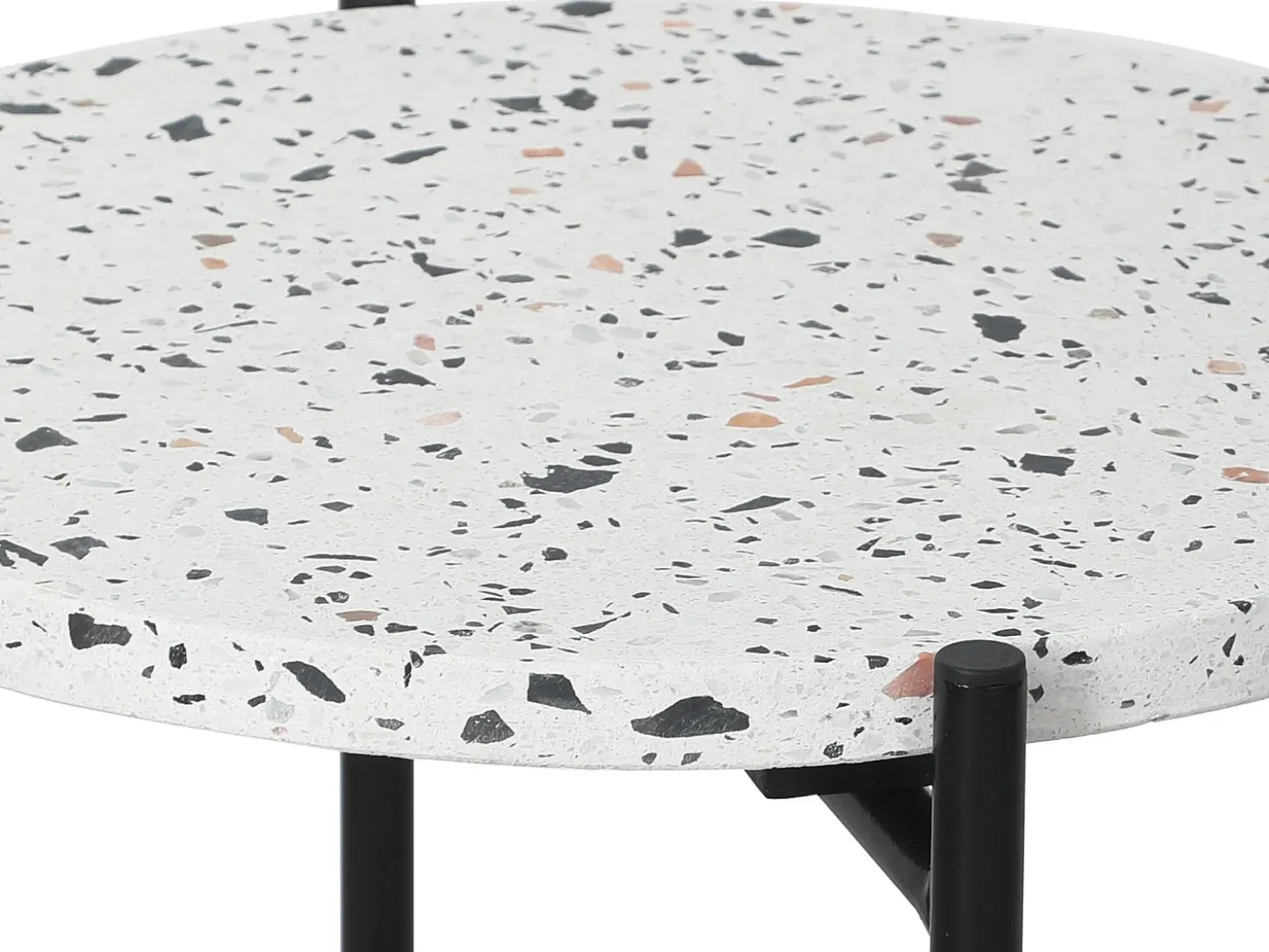Mesa Auxiliar Redonda Yala, Tapa de terrazo Blanco y Patas metálicas Negro