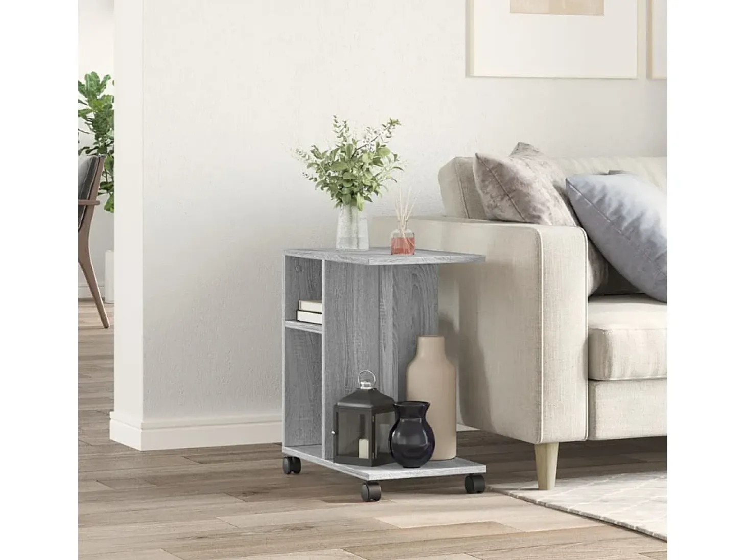 Mesa auxiliar ruedas madera ingeniería gris Sonoma 50x30x55 cm ES230717