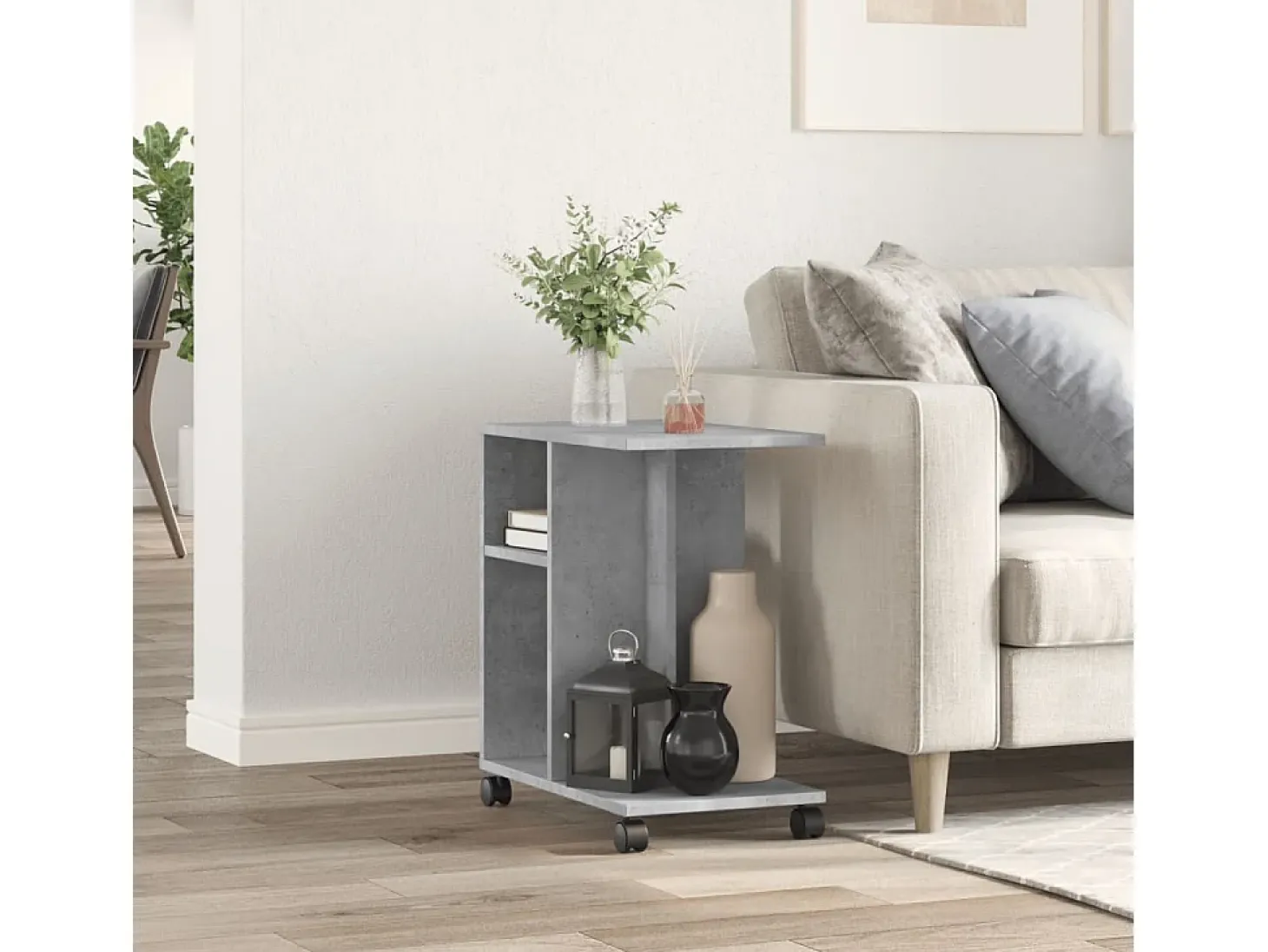 Mesa auxiliar ruedas madera ingeniería gris hormigón 50x30x55cm