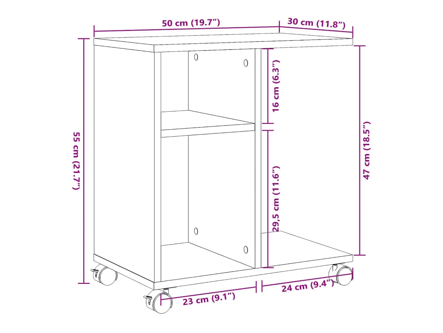 Mesa auxiliar ruedas madera ingeniería gris hormigón 50x30x55cm
