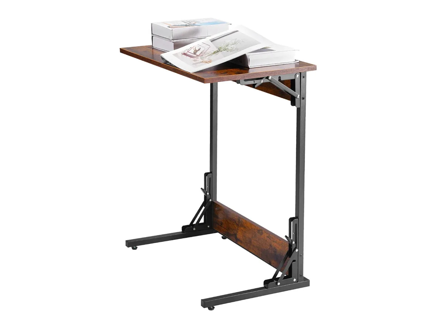 Mesa Auxiliar SucceBuy Plegable en Forma de C, Mesas de Extremo de Sofá con Marco de Metal y Patas Ajustables, Plataforma de TV Plegable, Mesa de Centro en C
