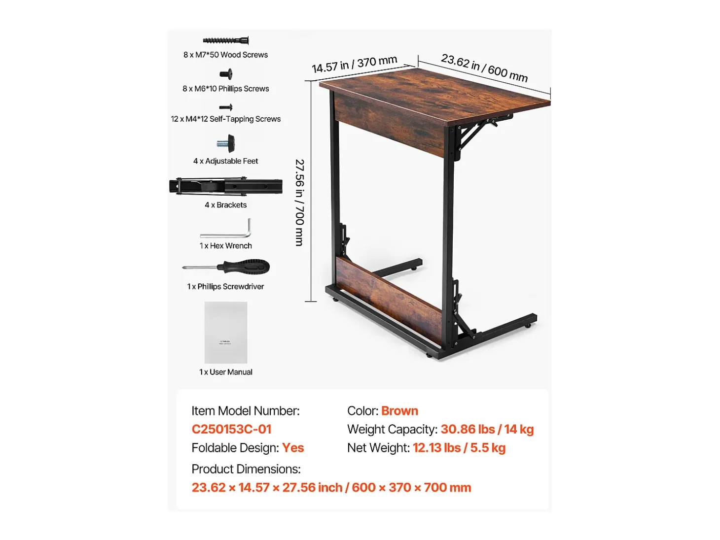 Mesa Auxiliar SucceBuy Plegable en Forma de C, Mesas de Extremo de Sofá con Marco de Metal y Patas Ajustables, Plataforma de TV Plegable, Mesa de Centro en C