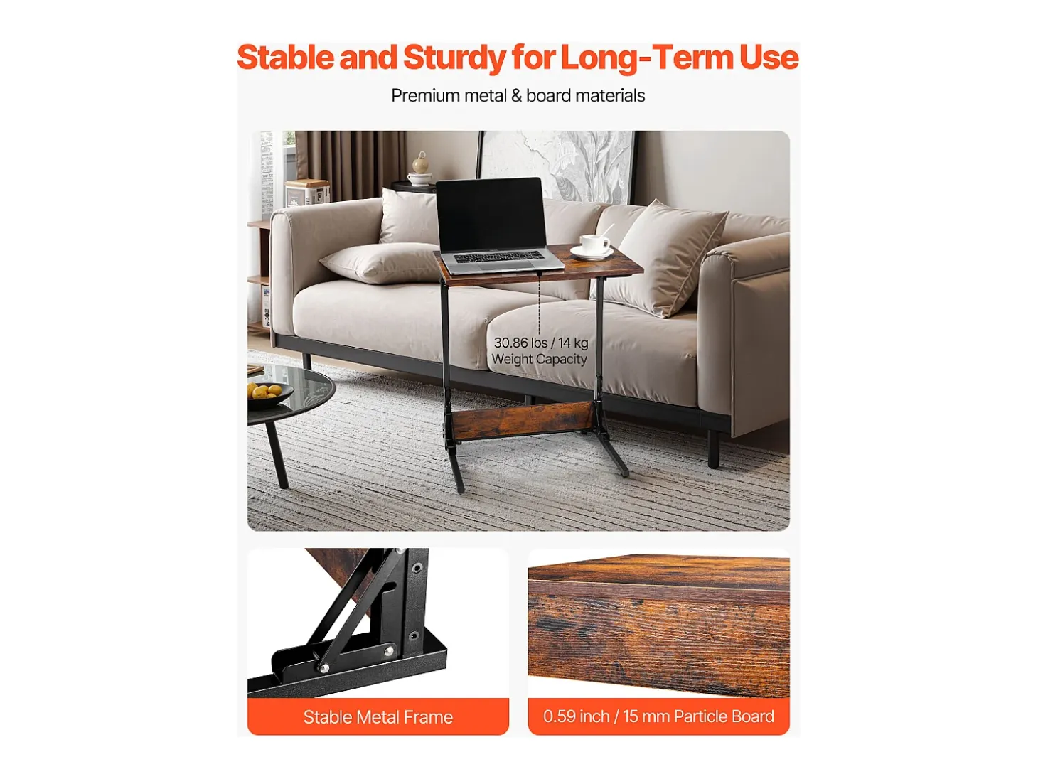 Mesa Auxiliar SucceBuy Plegable en Forma de C, Mesas de Extremo de Sofá con Marco de Metal y Patas Ajustables, Plataforma de TV Plegable, Mesa de Centro en C