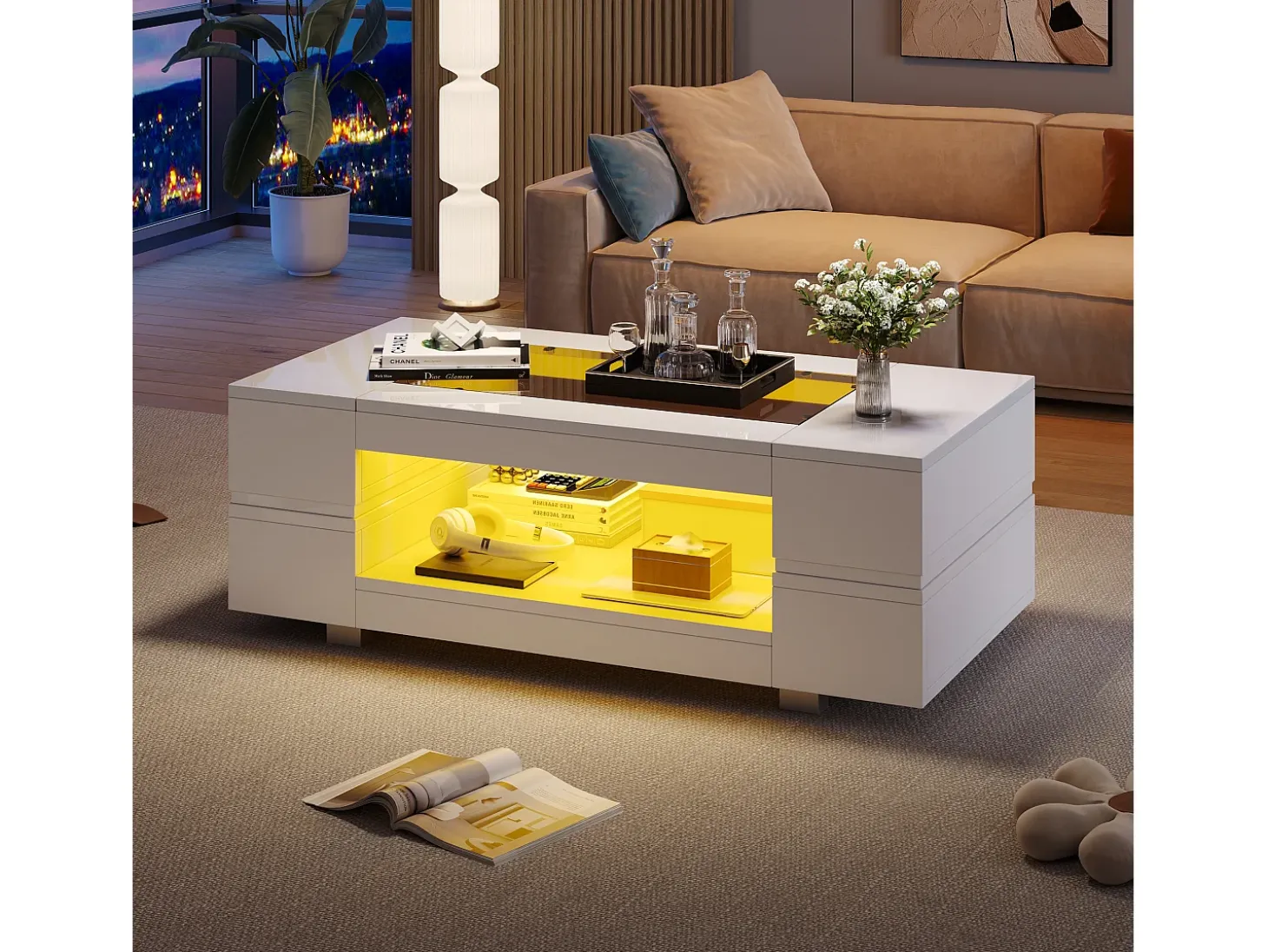 Mesa auxiliar 100x50x35 cm - con iluminación LED - amplio almacenamiento - blanco