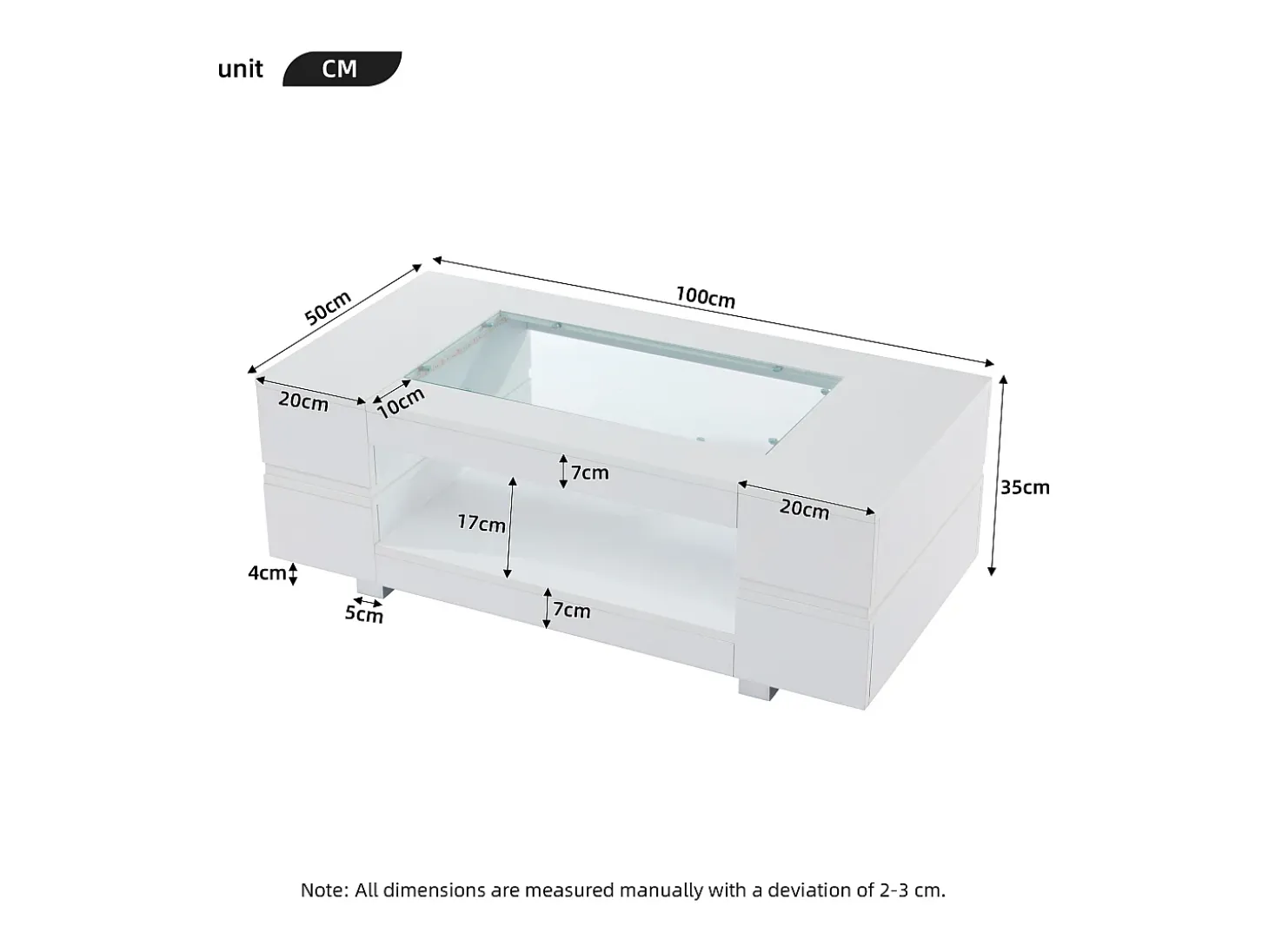 Mesa auxiliar 100x50x35 cm - con iluminación LED - amplio almacenamiento - blanco