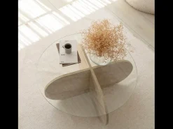 Mesa baja de madera efecto piedra y tablero de vidrio RIBE
