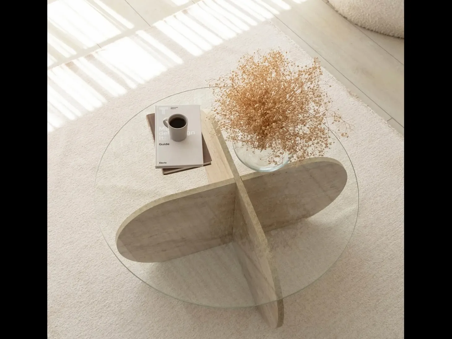 Mesa baja de madera efecto piedra y tablero de vidrio RIBE