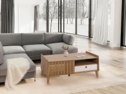 Mesa baja MCW-M48, aspecto nogal, cajón gris oscuro