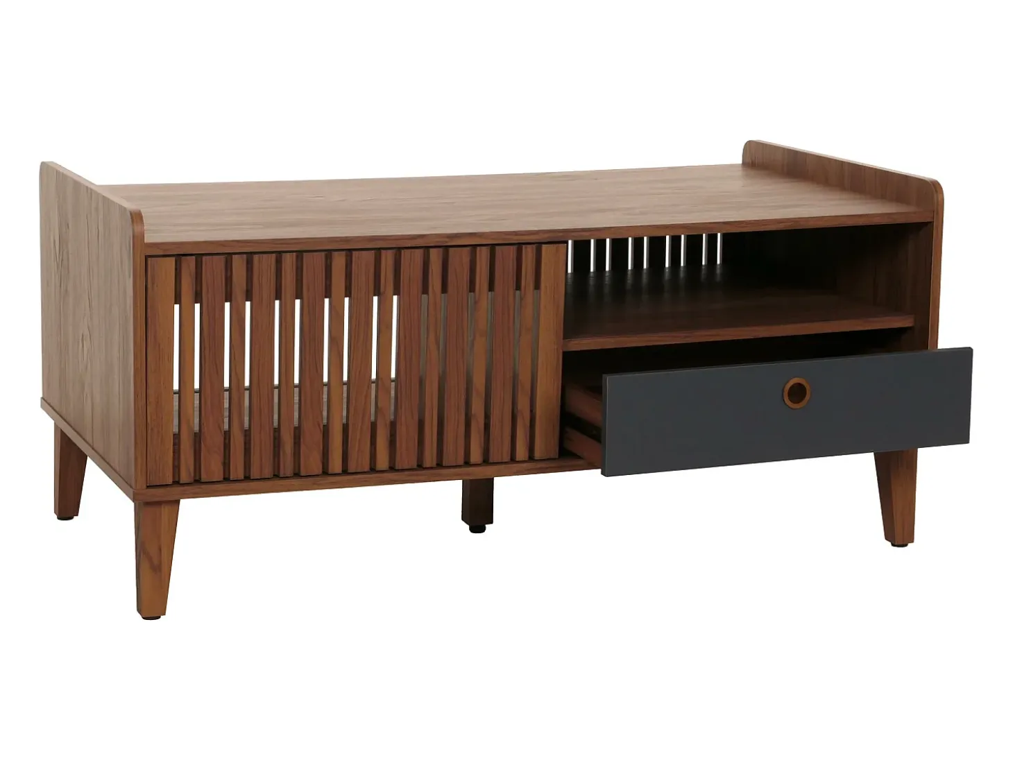 Mesa baja MCW-M48, aspecto nogal, cajón gris oscuro