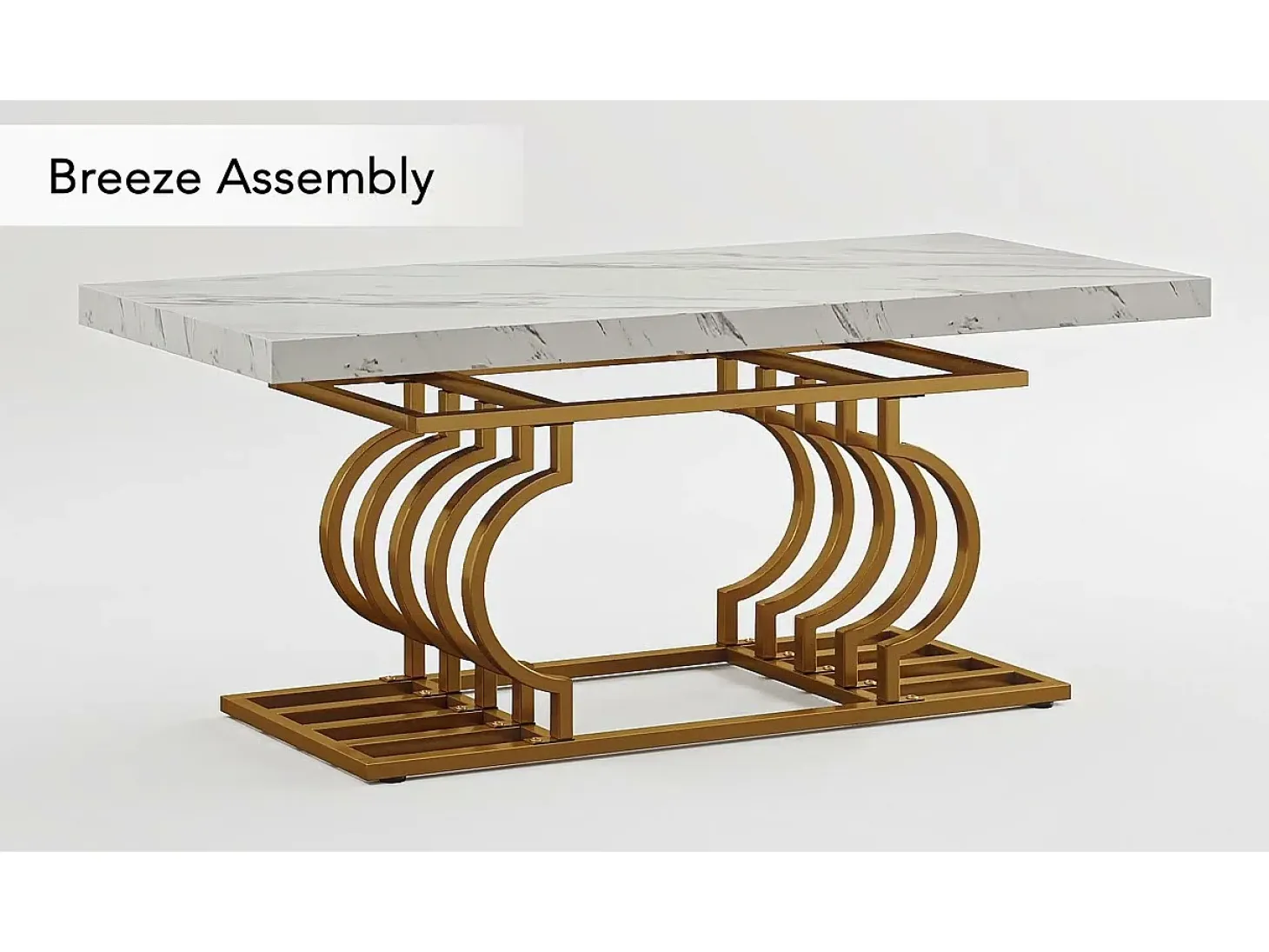 Mesa Baja Moderna, Mesa de Cóctel de Falso Mármol con Patas Geométricas, Mesa Auxiliar de Sofá Rectangular, Blanco y Oro