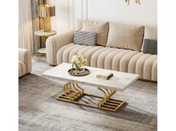 Mesa Baja Moderna, Mesa de Cóctel de Falso Mármol con Patas Geométricas, Mesa Auxiliar de Sofá Rectangular, Blanco y Oro