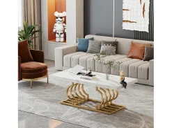 Mesa Baja Moderna, Mesa de Cóctel de Falso Mármol con Patas Geométricas, Mesa Auxiliar de Sofá Rectangular, Blanco y Oro