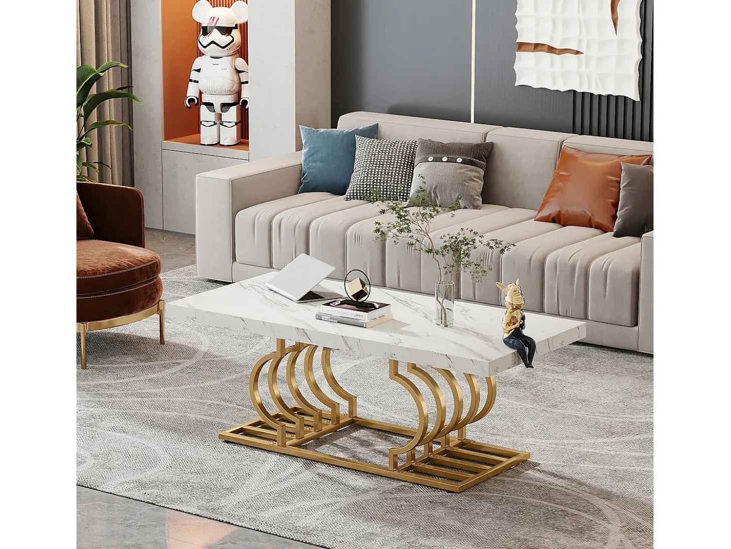 Mesa Baja Moderna, Mesa de Cóctel de Falso Mármol con Patas Geométricas, Mesa Auxiliar de Sofá Rectangular, Blanco y Oro