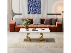 Mesa Baja Moderna, Mesa de Cóctel de Falso Mármol con Patas Geométricas, Mesa Auxiliar de Sofá Rectangular, Blanco y Oro