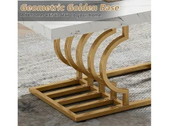 Mesa Baja Moderna, Mesa de Cóctel de Falso Mármol con Patas Geométricas, Mesa Auxiliar de Sofá Rectangular, Blanco y Oro