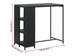 Mesa bar estante almacenaje 120x60x110cm ratán sintético negro