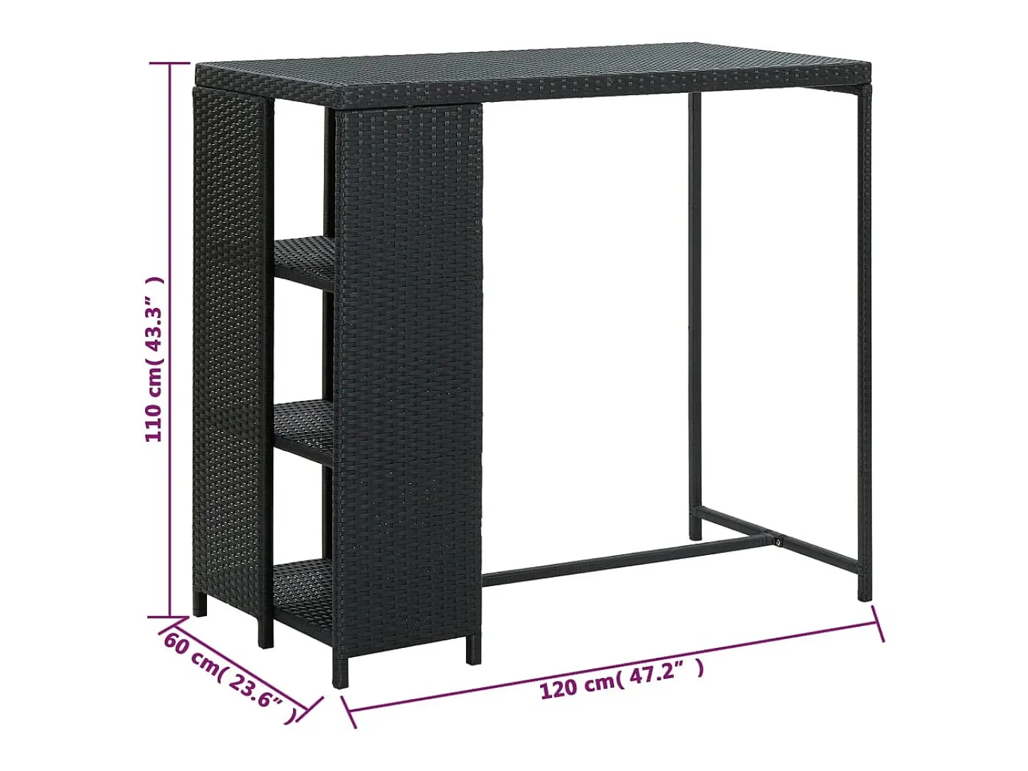 Mesa bar estante almacenaje 120x60x110cm ratán sintético negro