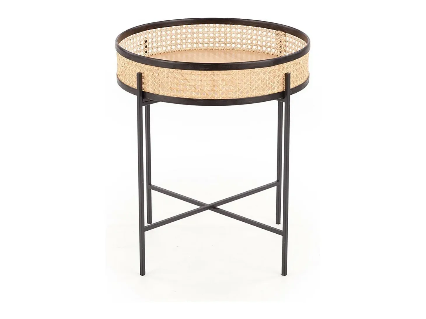 Mesa con pedestal Azurea de ratán natural y acero lacado negro