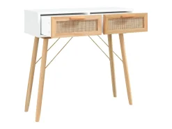 Mesa consola Blanca 80x30x75 cm Madera maciza de pino / ratán natural