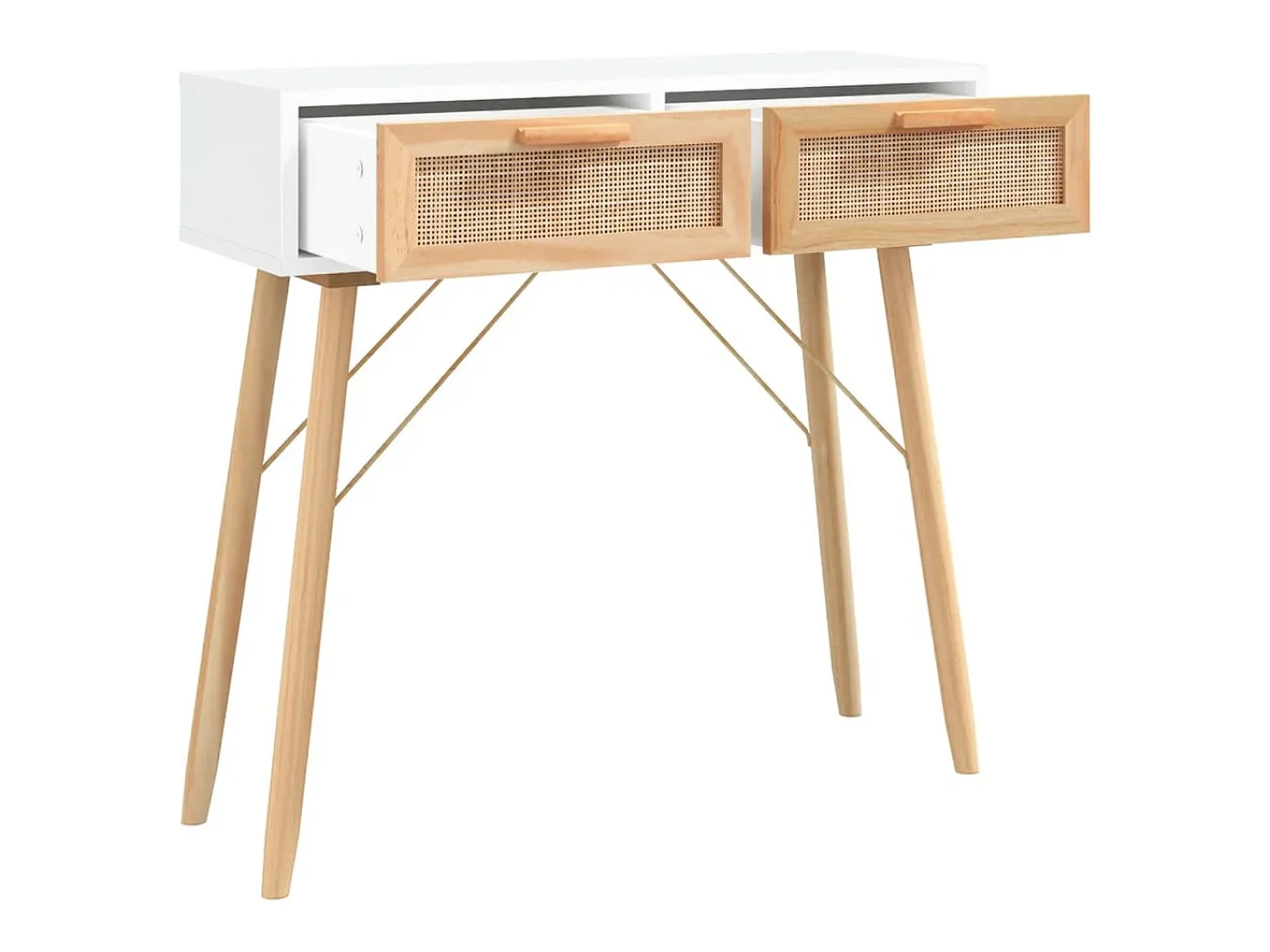 Mesa consola Blanca 80x30x75 cm Madera maciza de pino / ratán natural