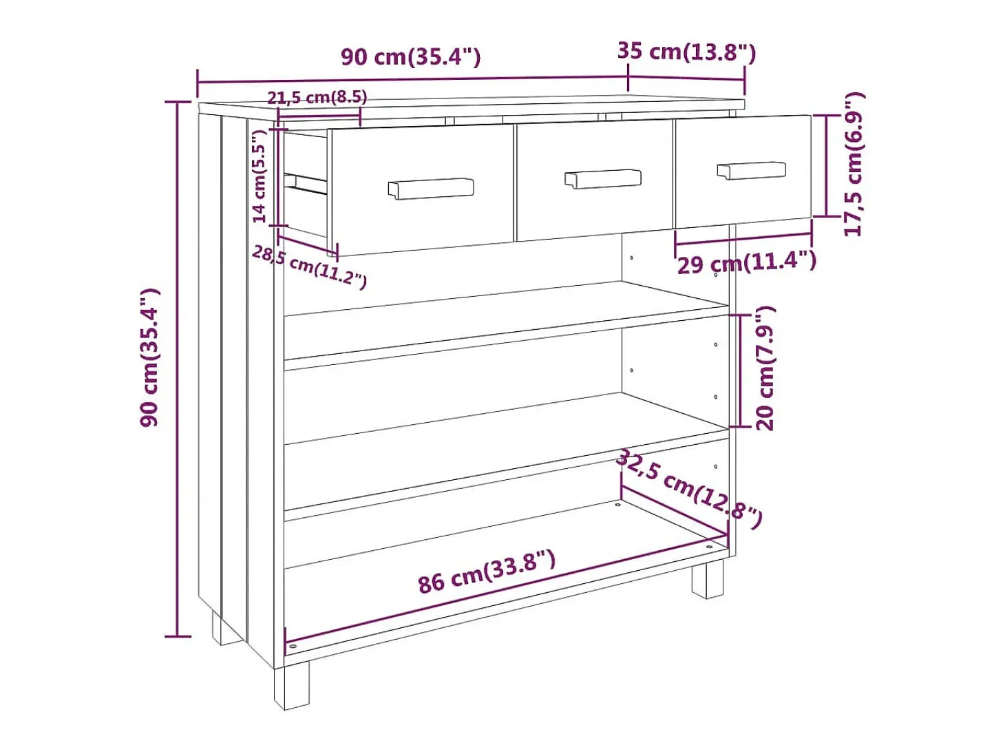 Mesa consola Blanca 90x35x90 cm Madera maciza de pino