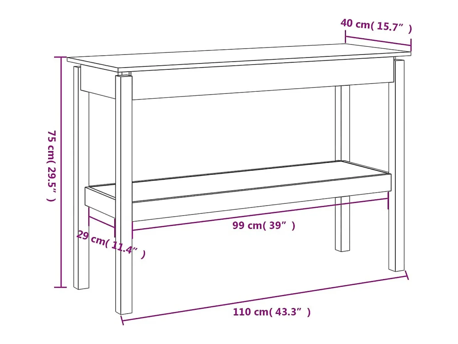 Mesa consola Blanca 110x40x75 cm Madera maciza de pino