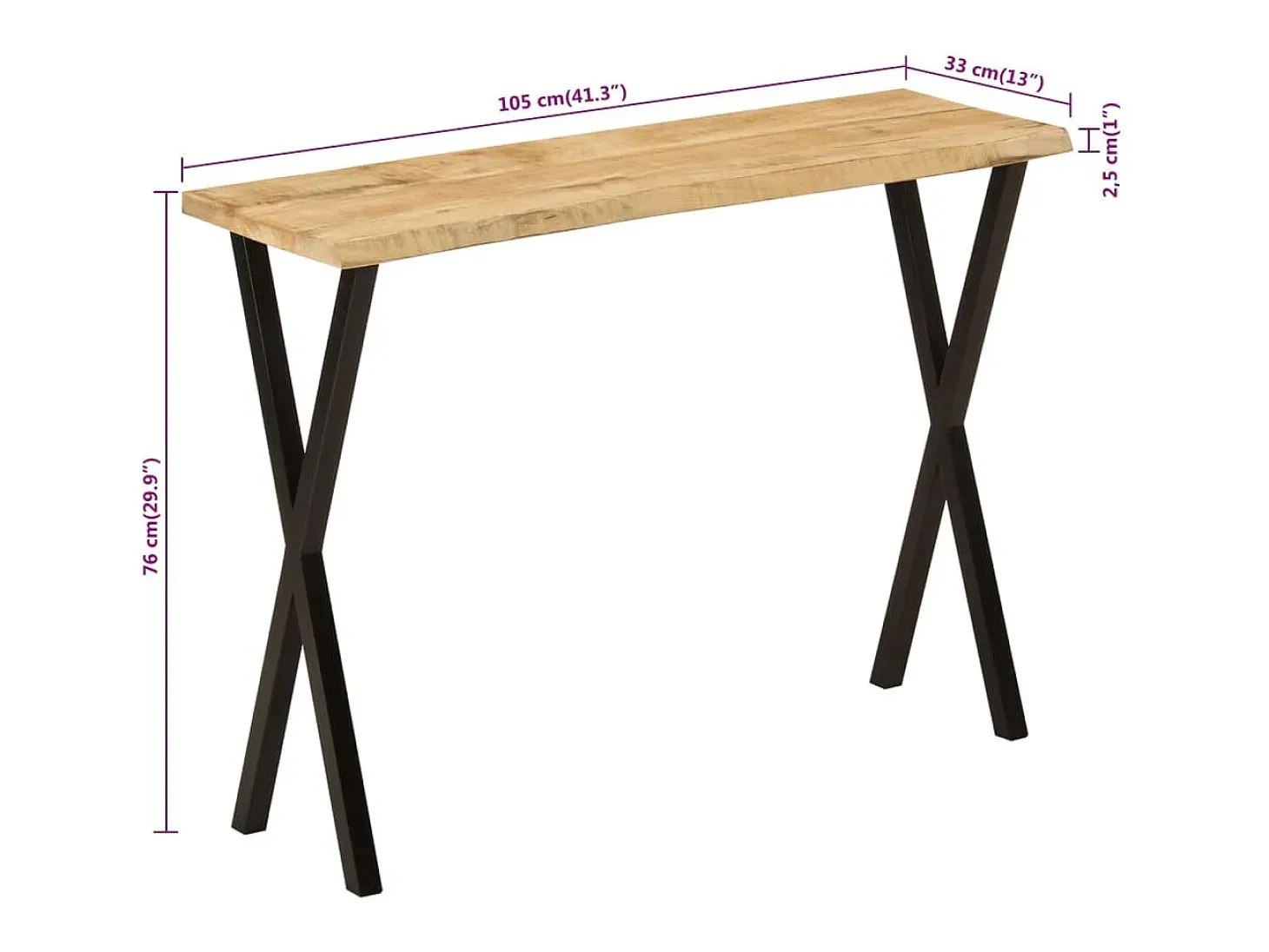 Mesa consola con borde natural madera maciza mango 105x33x76 cm