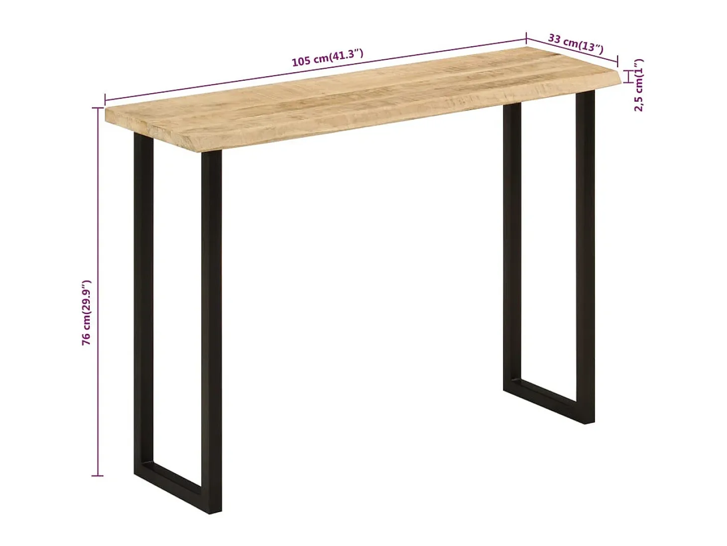Mesa consola con borde natural madera mango maciza 105x33x76 cm