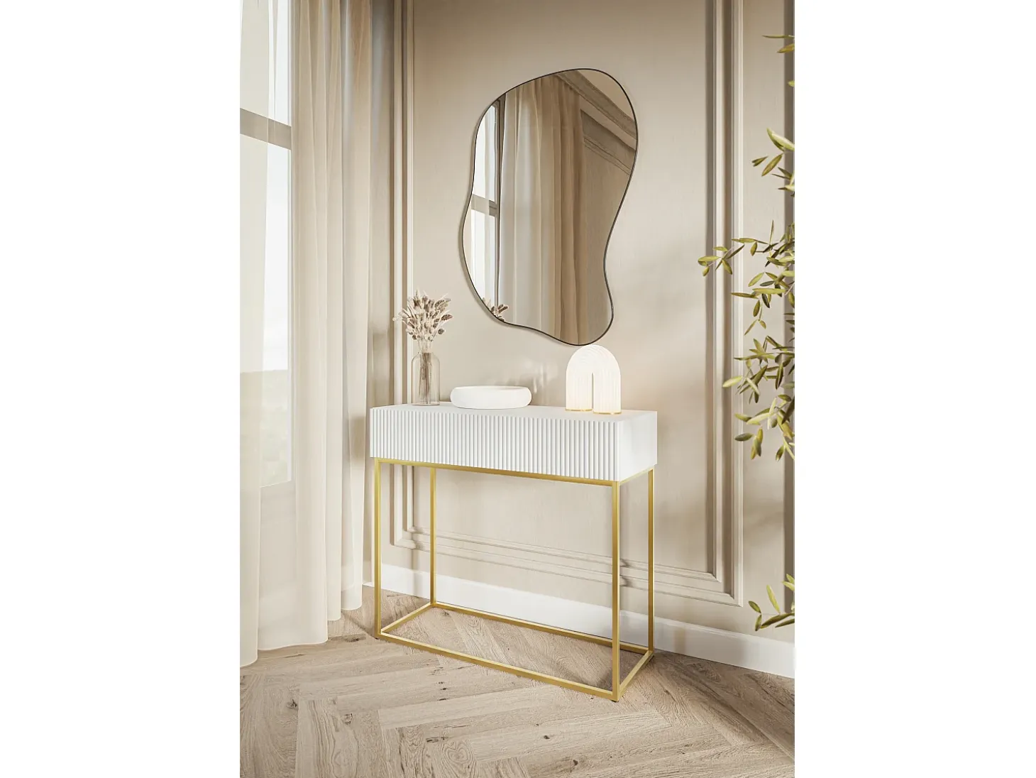 Mesa consola con cajón - 90 cm - blanca con patas de metal dorado - VELDIO