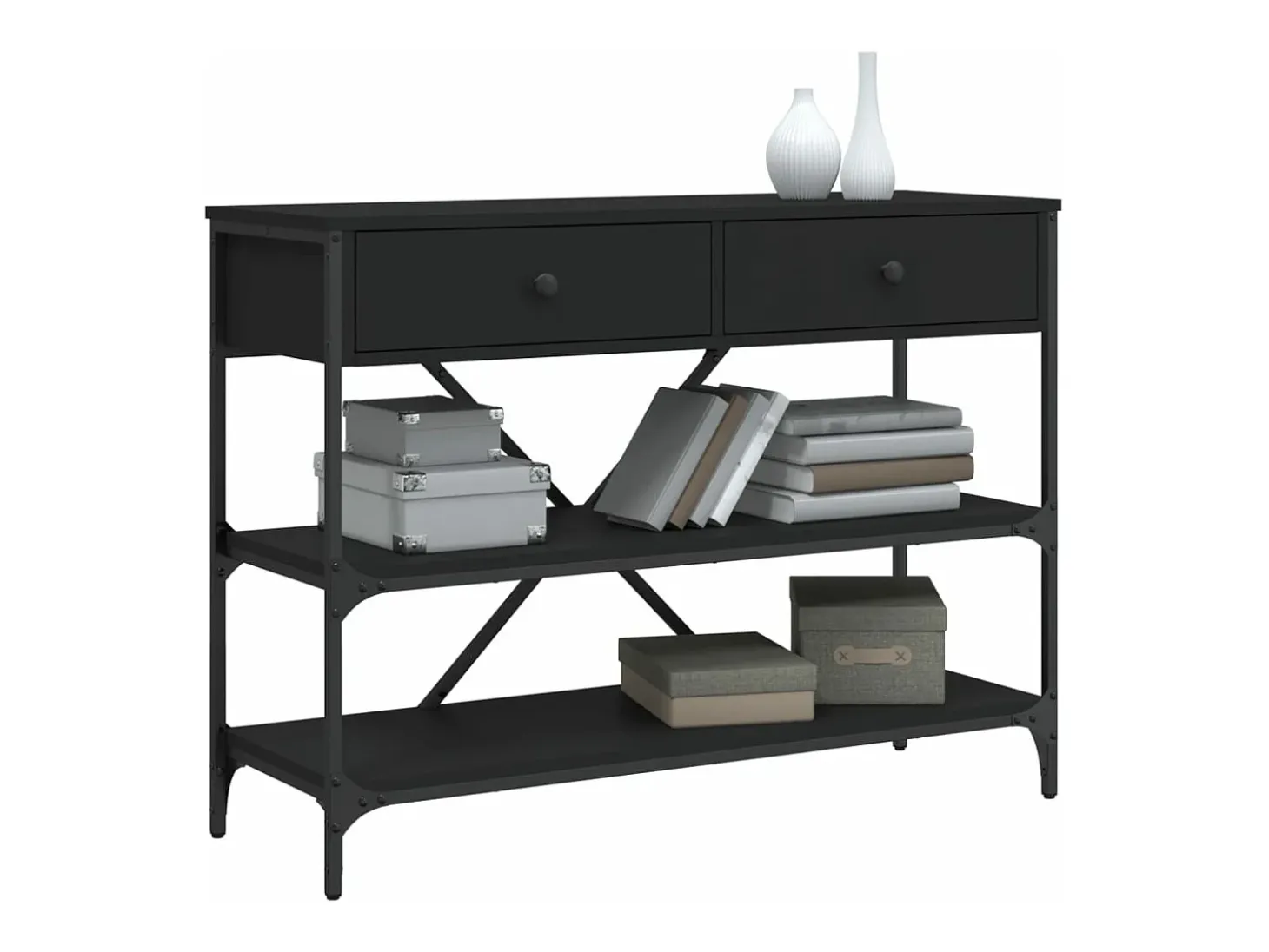 Mesa consola con cajones y estantes madera de ingeniería negro