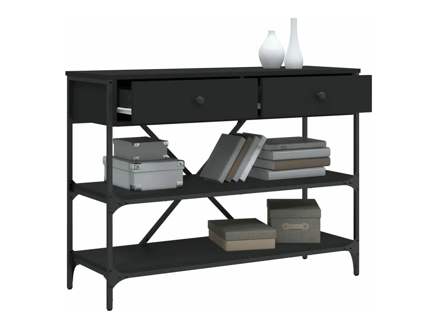Mesa consola con cajones y estantes madera de ingeniería negro