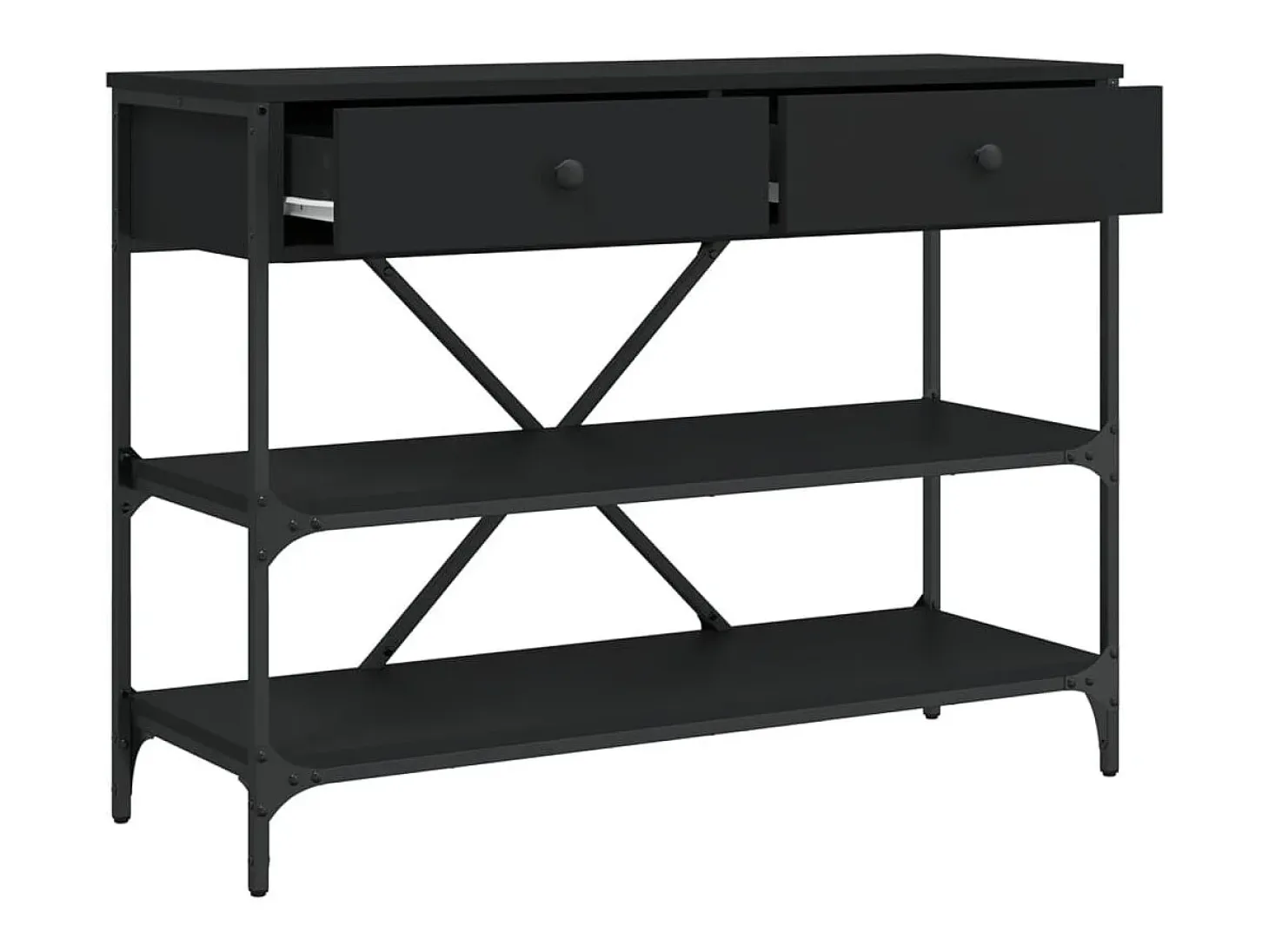Mesa consola con cajones y estantes de madera de ingeniería negra