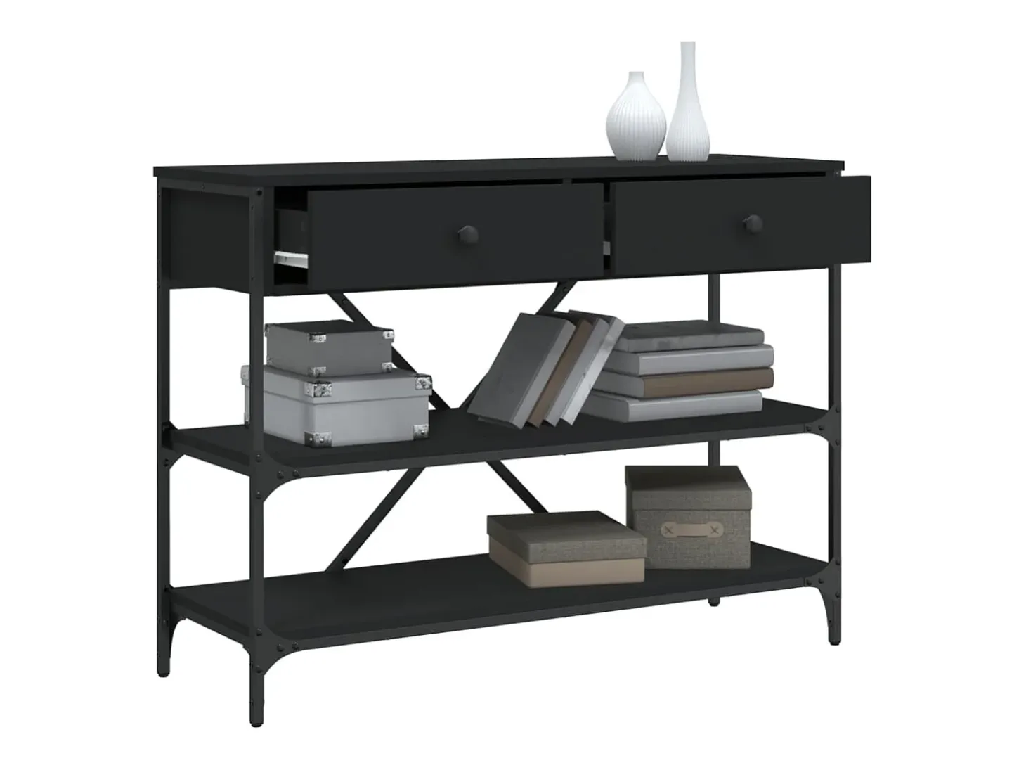 Mesa consola con cajones y estantes de madera de ingeniería negra