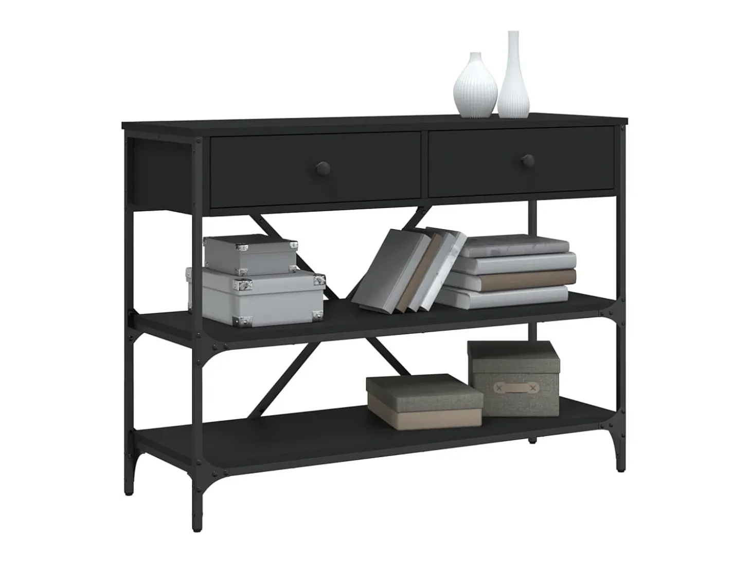 Mesa consola con cajones y estantes de madera de ingeniería negra