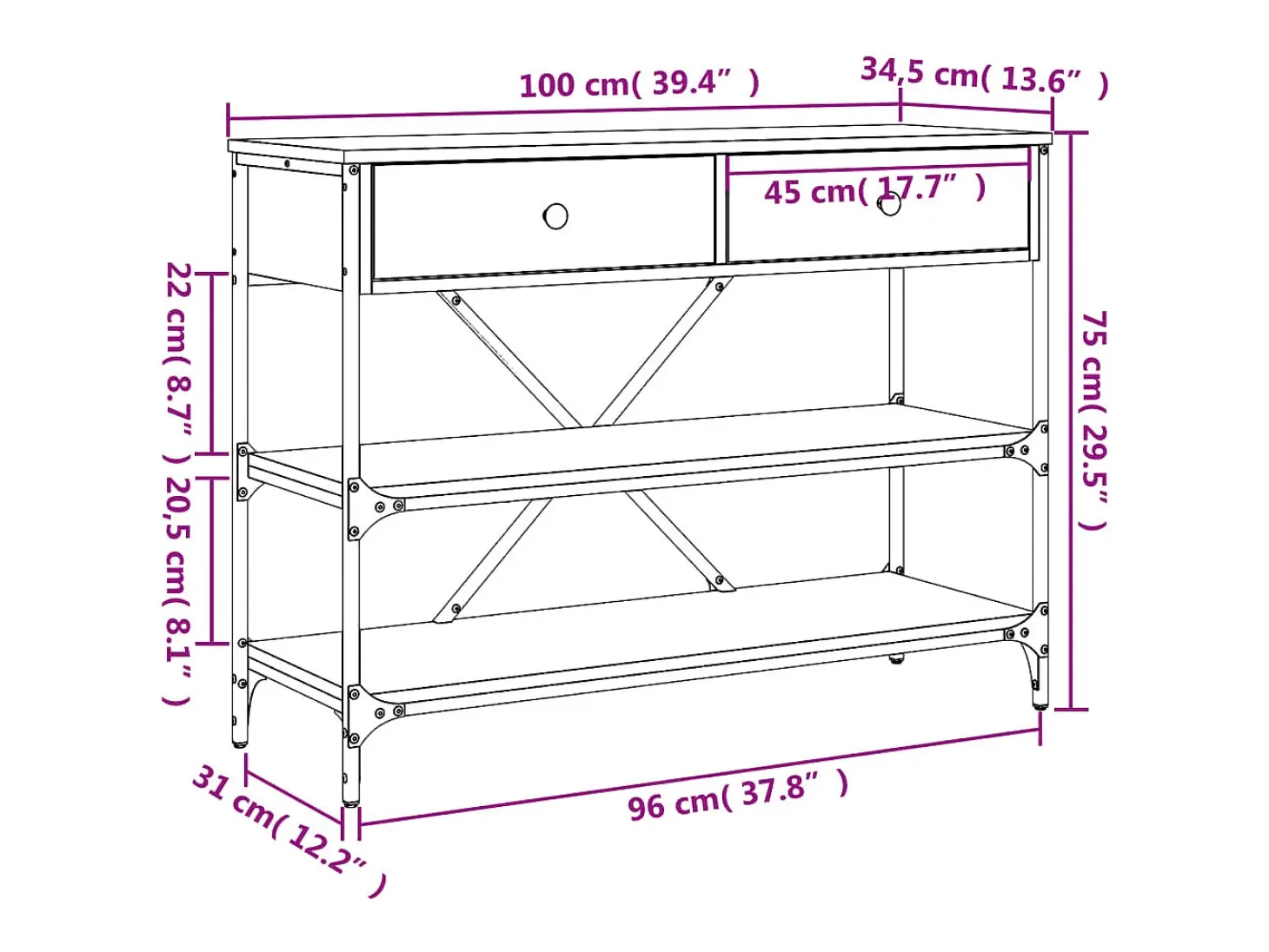 Mesa consola con cajones estantes madera ingeniería Sonoma gris