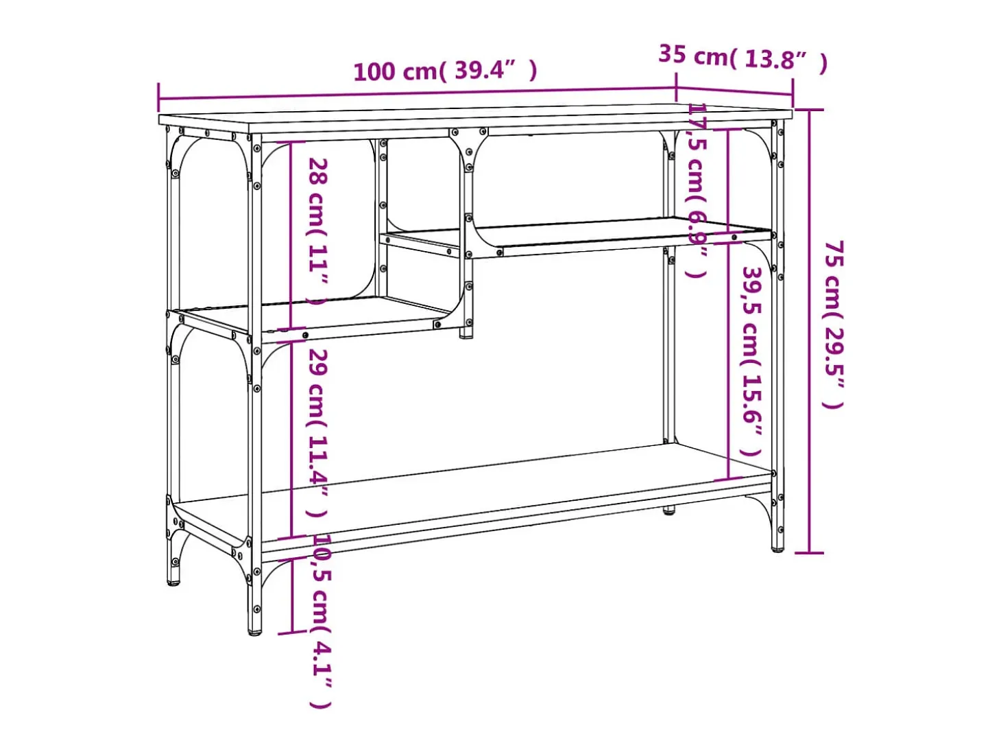 Mesa consola con estantes negro 100x35x75 cm