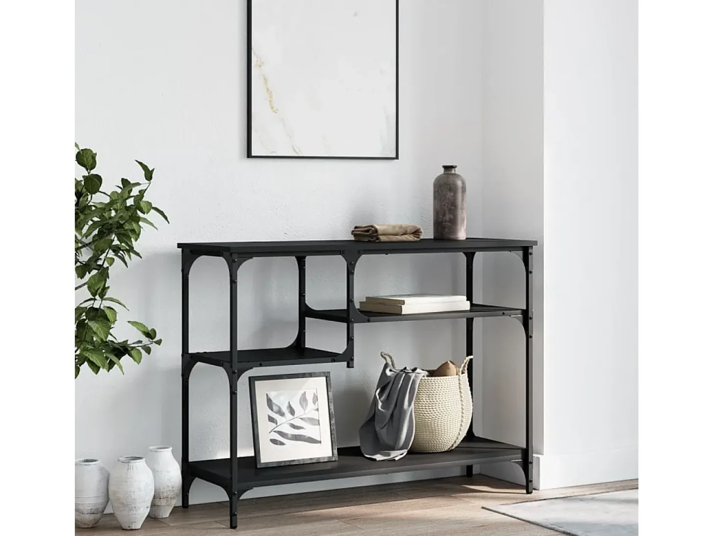 Mesa consola con estantes negro 100x35x75 cm