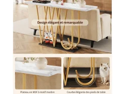 Mesa consola con patas de metal dorado - Tapa efecto mármol 120 x 29,5 x 80 cm