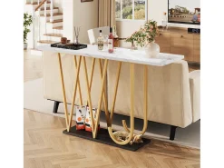 Mesa consola con patas de metal dorado - Tapa efecto mármol 120 x 29,5 x 80 cm