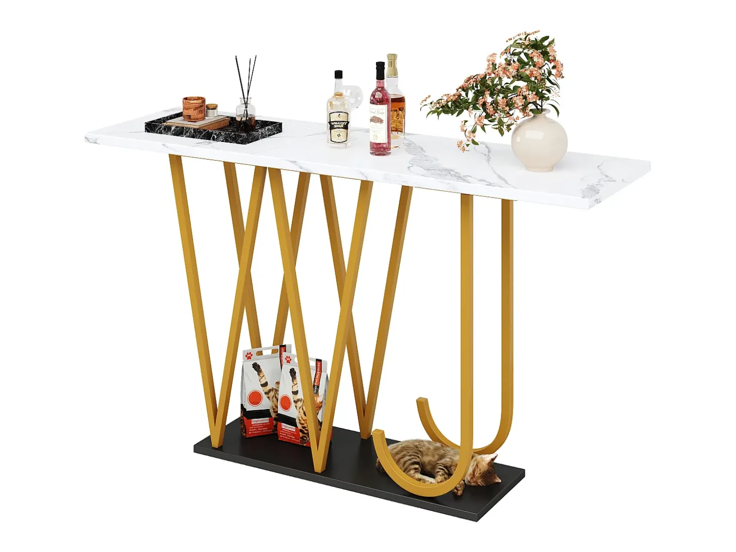 Mesa consola con patas de metal dorado - Tapa efecto mármol 120 x 29,5 x 80 cm