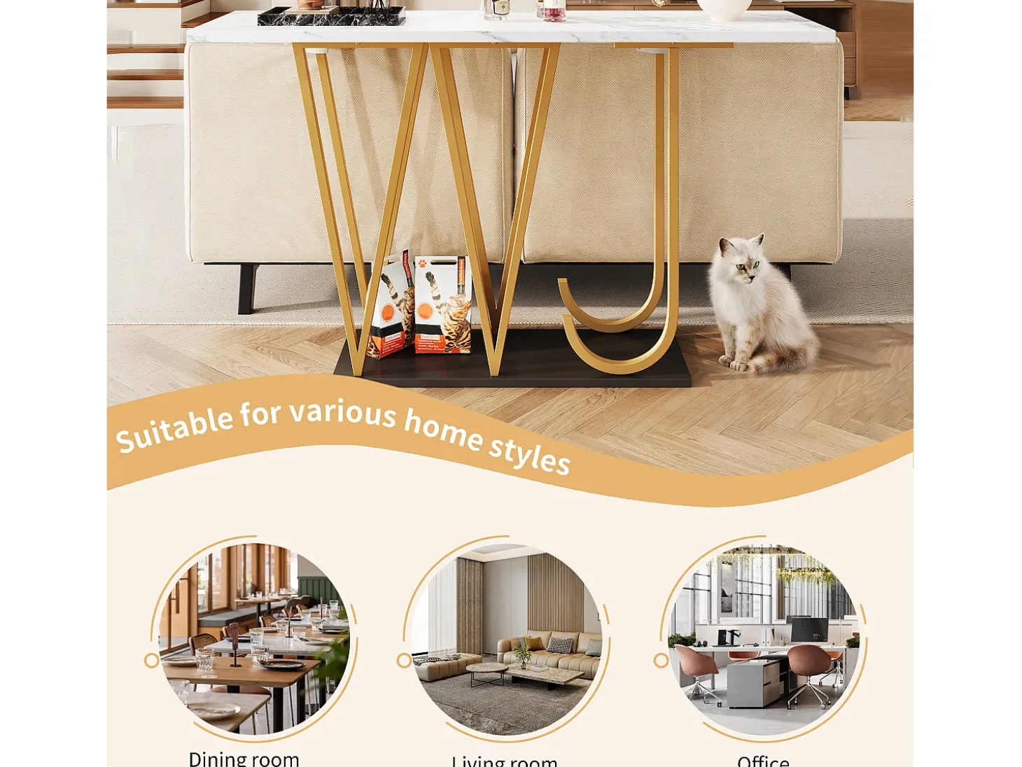 Mesa consola con patas de metal dorado - Tapa efecto mármol 120 x 29,5 x 80 cm