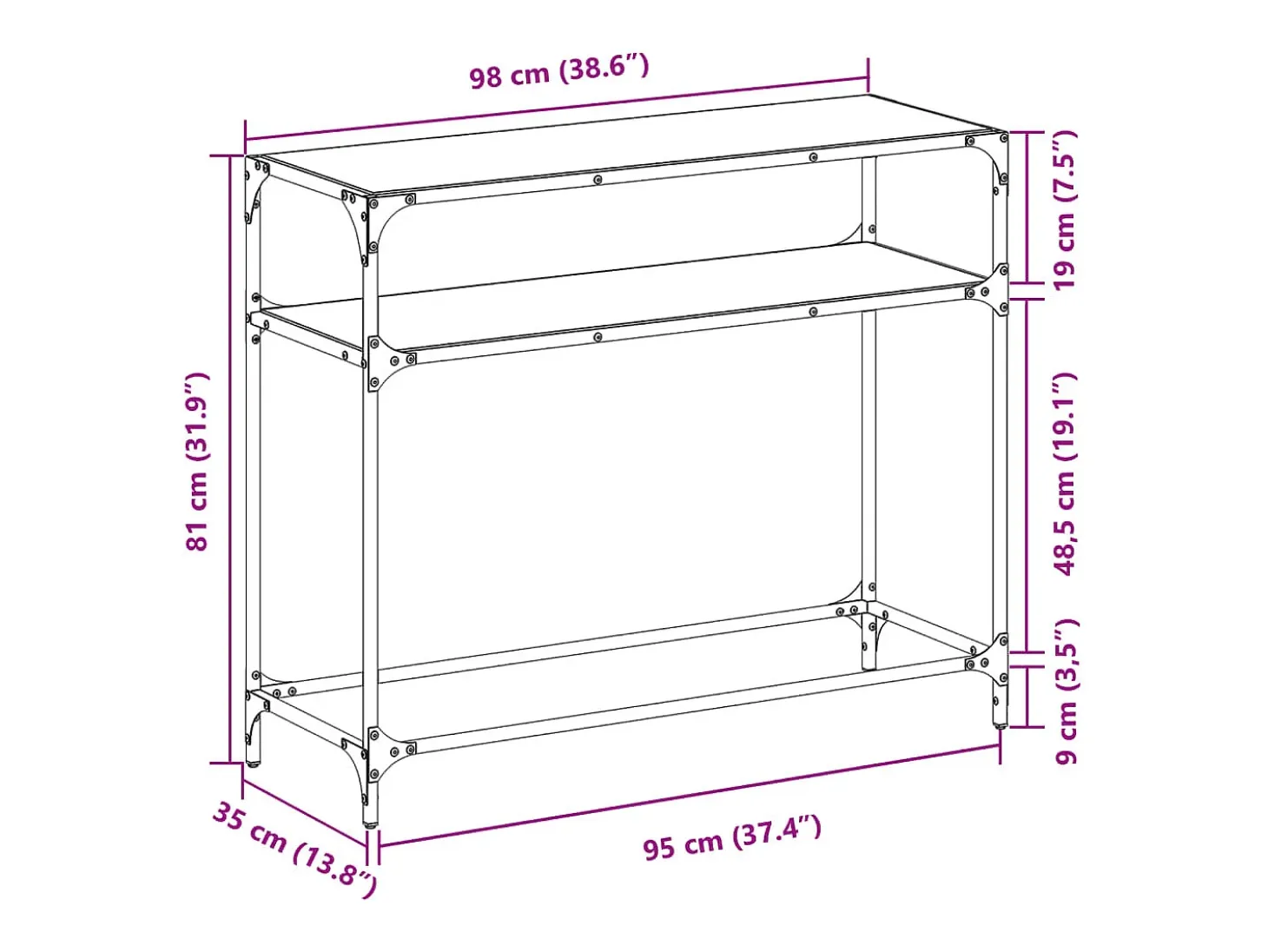 Mesa consola con superficie de vidrio negro acero 98x35x81 cm