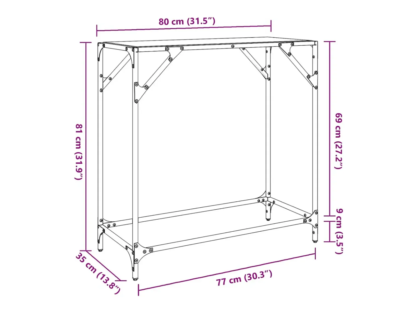Mesa consola con superficie de vidrio negro acero 80x35x81 cm