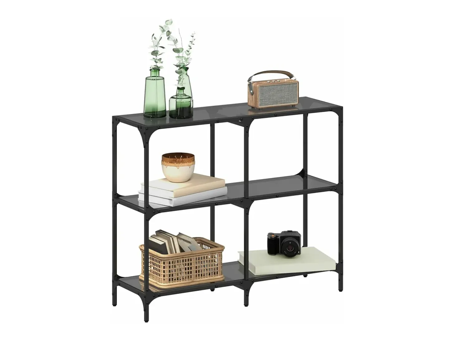 Mesa consola con superficie de vidrio negro acero 98x30x81 cm ES905339