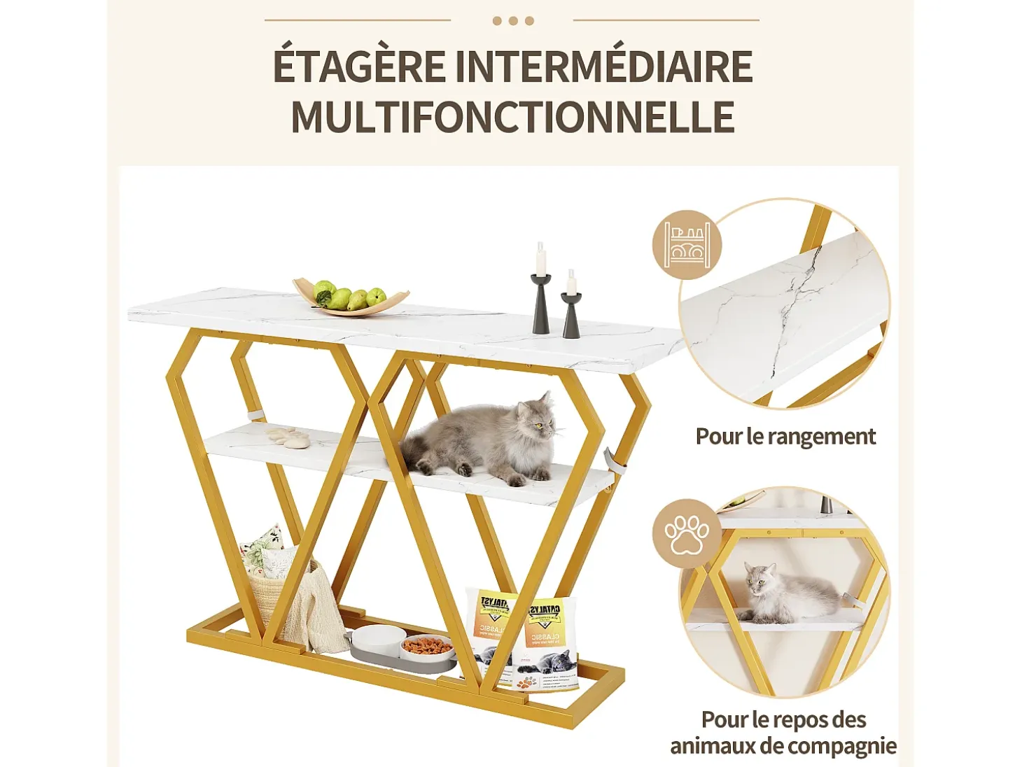 Mesa consola con tablero efecto mármol - Patas de metal dorado - Blanco