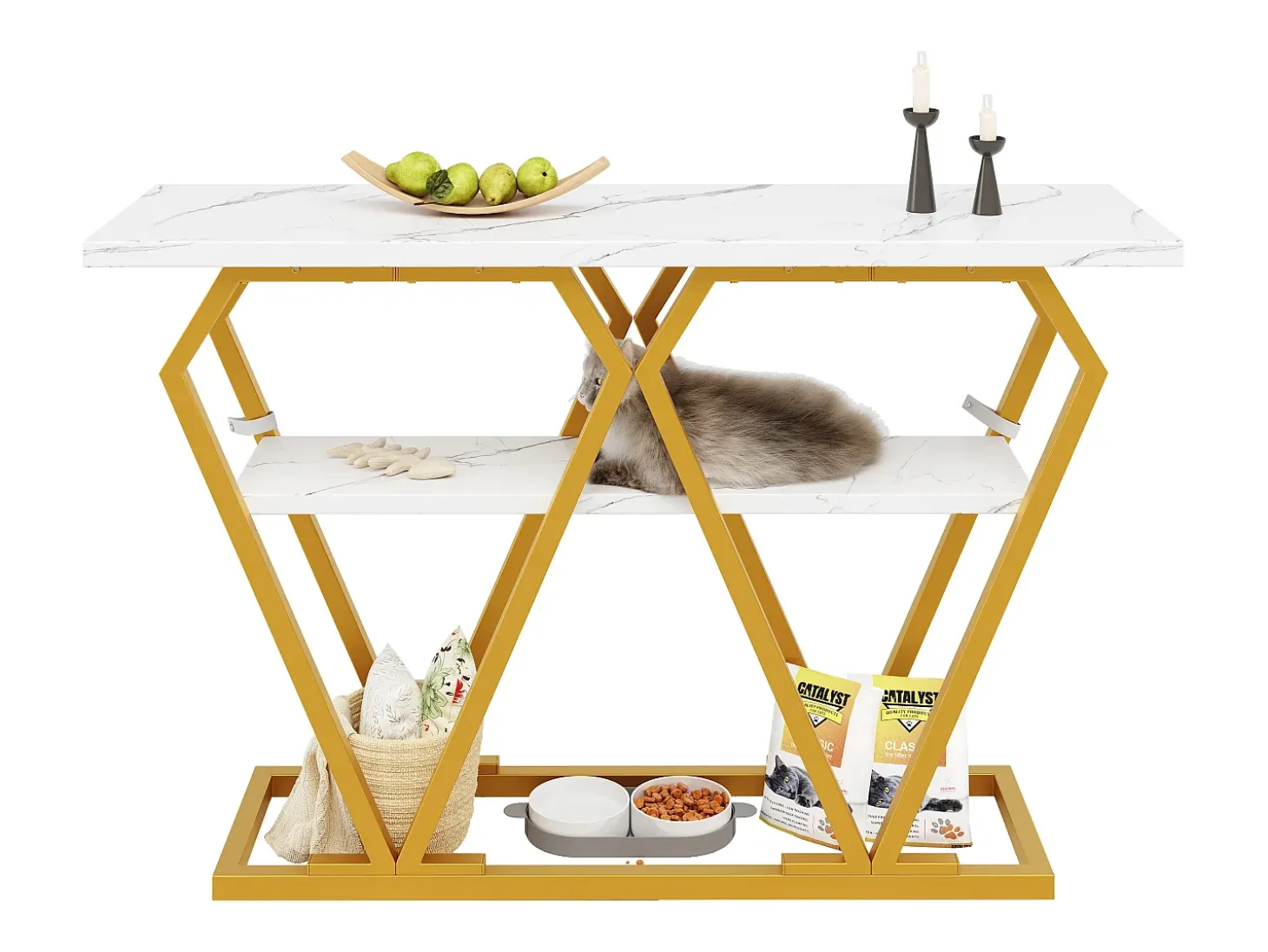Mesa consola con tablero efecto mármol - Patas de metal dorado - Blanco