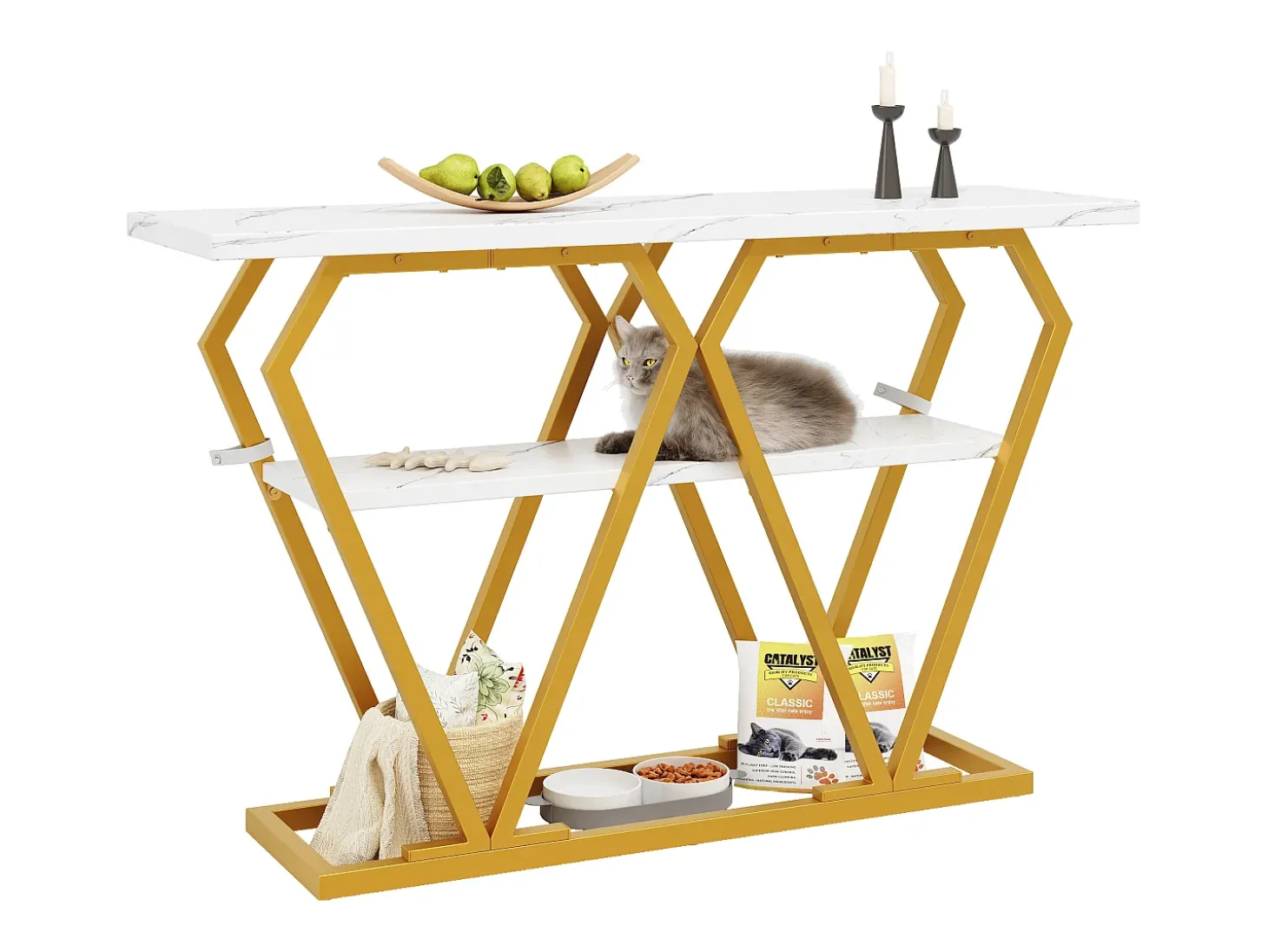 Mesa consola con tablero efecto mármol - Patas de metal dorado - Blanco