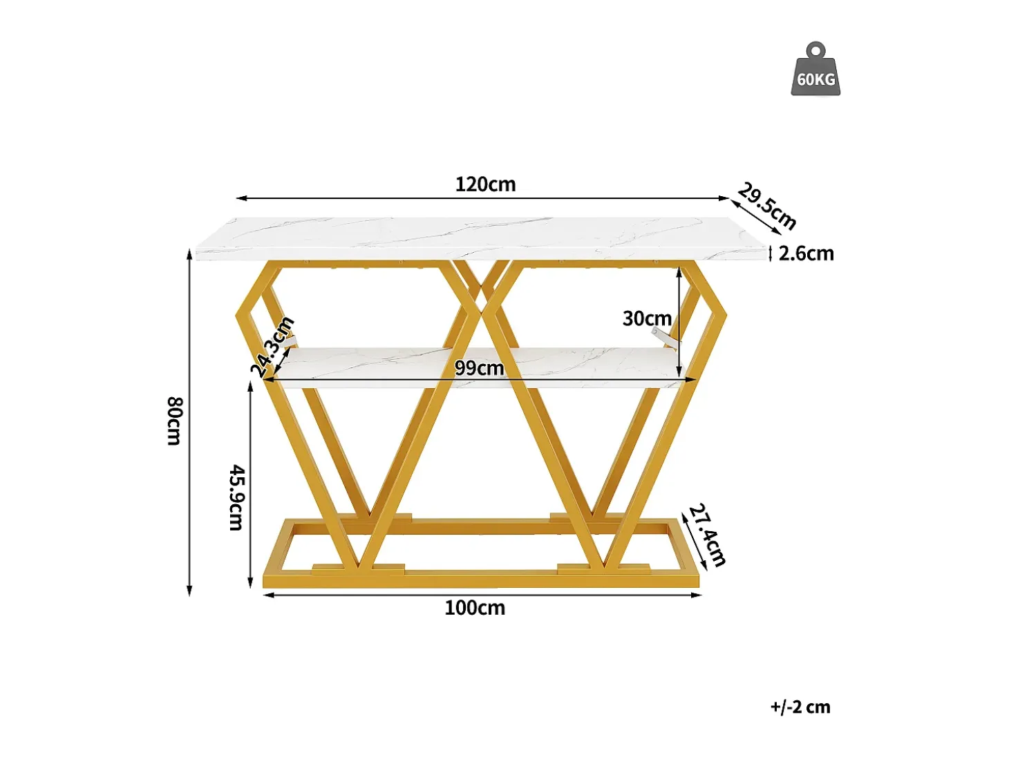 Mesa consola con tablero efecto mármol - Patas de metal dorado - Blanco