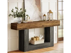 Mesa consola de 160 cm de largo, mesa de entrada de 2 niveles, mesa de sofá con almacenamiento, mesa de sofá de madera de estilo rústico para sala de estar, pasillo